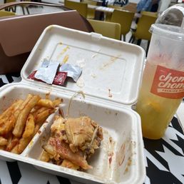 DEMOLISHED burger & cheese fries w/ REFRESHING Mango Lemonade DEMOLISHED burger & cheese fries w/ REFRESHING Mango Lemonade