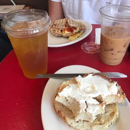 Egg&cheese in toasted whole grain, everything bagel with cream cheese, Moroccan mint tea and iced coffee Egg&cheese in toasted whole grain, everything bagel with cream cheese, Moroccan mint tea and iced coffee