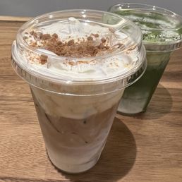 New York cheesecake latte and iced matcha with vanilla cold foam. New York cheesecake latte and iced matcha with vanilla cold foam.