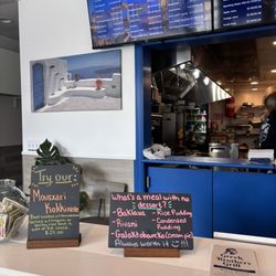 Indoor view of menu and kitchen