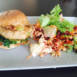 Feel Food - Chicken saté burger and the big vegan bowl salad. This salad is delicious! This is only a third of it, it's LARGE.