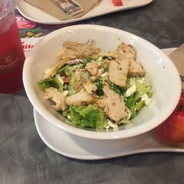 Greek salad w chicken (half size). It's always so good! They also have a zero calorie ginger tea Greek salad w chicken (half size). It's always so good! They also have a zero calorie ginger tea