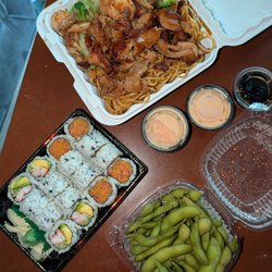 Omi Sushi & Hibachi - Chicken and shrimp teppanyaki w noodles, spicy tuna crunchy roll, CA roll, and edamame