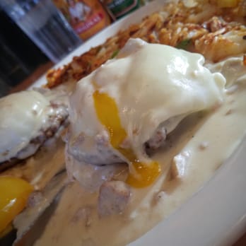 Crispy Waffle - Custom order. Country Benedict with biscuit and egg poached vs English muffin and scrambled. Have it your way. - Breakfast & Brunch Near Me - Shorewood, Illinois