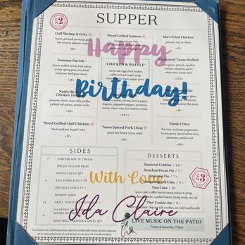 Ida Claire - Birthday Menu - Southern Near Me - Addison, Texas