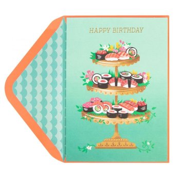 Target - Papyrus - A greeting card featuring an illustration of a three-tiered sushi platter with various sushi pieces and flowers, with 'HAPPY BIRTHDAY' written at the top. - Department Stores Near Me - Brooklyn, New York