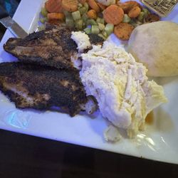 The Black Cat - Blacked Fish and mash . Veggies .