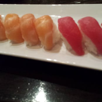 Sushi 9 - Salmon and tuna sushi (the rice is bigger than the fish) - Sushi Bars Near Me - Katy, Texas Sushi 9 - Salmon and tuna sushi (the rice is bigger than the fish) - Sushi Bars Near Me - Katy, Texas