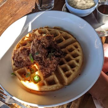 Finch - Chicken & Waffles (not pictured, Chocolate Pancakes) and What's The Tea? - the chicken is small but flavorful - American Near Me - Wildomar, California