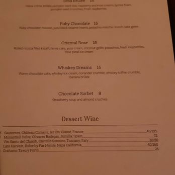 Doris Metropolitan - Dessert menu (sorry for poor lighting) - Steakhouses Near Me - Houston, Texas