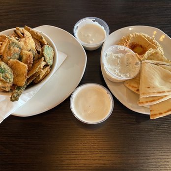 Olive Pit Grill - Brea - Fried zucchini and some hummus. Appetizers! That lemon aioli sauce is so good! - Greek Near Me - Brea, California Olive Pit Grill - Brea - Fried zucchini and some hummus. Appetizers! That lemon aioli sauce is so good! - Greek Near Me - Brea, California
