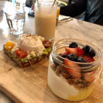 Bluestone Lane DUMBO Café - Avocado Smash (D) with a poached egg and parfait - Coffee & Tea Near Me - Brooklyn, New York
