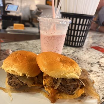 White Mana Diner - Two double cheeseburgers with onions and a strawberry shake - Burgers Near Me - Jersey City, New Jersey White Mana Diner - Two double cheeseburgers with onions and a strawberry shake - Burgers Near Me - Jersey City, New Jersey