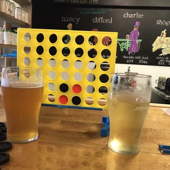 Books & Brews - Brownsburg - Connect 4 Fun -Left Nancy Brew, Right Pear Cider $6/each - Bookstores Near Me - Brownsburg, Indiana
