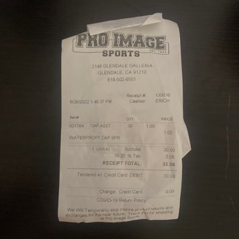 Pro Image Sports - Receipt - Sports Wear Near Me - Glendale, California Pro Image Sports - Receipt - Sports Wear Near Me - Glendale, California
