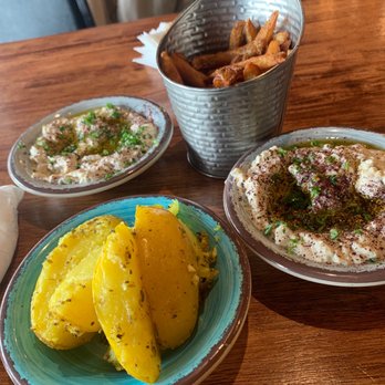 Mazra - Baba Ghanoush Eggplant Dip, Garlic-Roasted Potatoes, French Fries - Mediterranean Near Me - San Bruno, California Mazra - Baba Ghanoush Eggplant Dip, Garlic-Roasted Potatoes, French Fries - Mediterranean Near Me - San Bruno, California