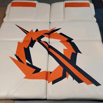 Helm Upholstery - Engine cover for 32 foot boat original pattern company logo - Auto Upholstery Near Me - Tracy, California Helm Upholstery - Engine cover for 32 foot boat original pattern company logo - Auto Upholstery Near Me - Tracy, California