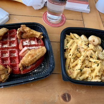 Cuzzo's Cuisine - Red velvet waffle and wings on left. 1/2 lobster mac and sautéed shrimp on right. - Southern Near Me - Charlotte, North Carolina Cuzzo's Cuisine - Red velvet waffle and wings on left. 1/2 lobster mac and sautéed shrimp on right. - Southern Near Me - Charlotte, North Carolina