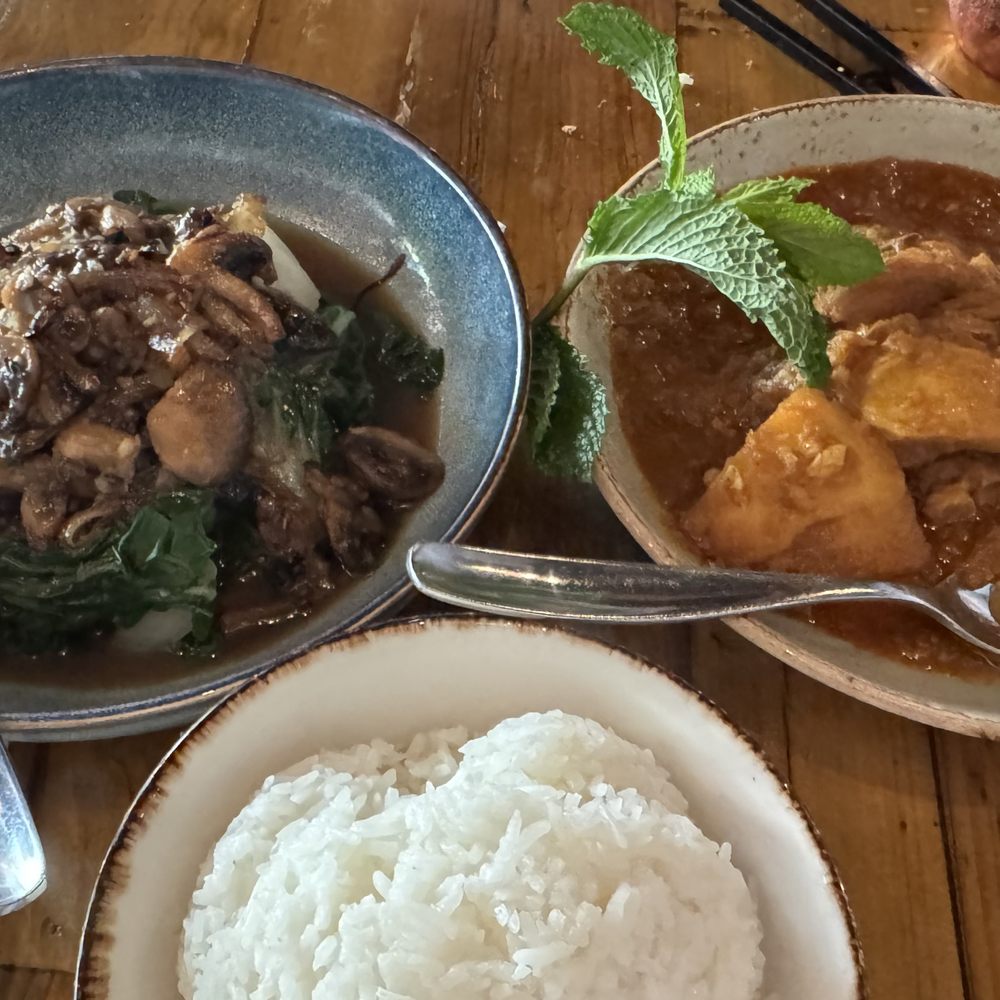 Teni East Kitchen - Baby bok choy with mushrooms, cardamon chicken curry, jasmine rice - Burmese Near Me - Oakland, California Teni East Kitchen - Baby bok choy with mushrooms, cardamon chicken curry, jasmine rice - Burmese Near Me - Oakland, California