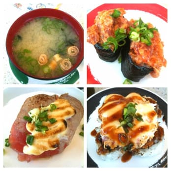 Genki Sushi - Miso Soup, Spicy Ahi, Garlic Ahi, and Dynamite Seafood Roll - Sushi Bars Near Me - Waipahu, Hawaii Genki Sushi - Miso Soup, Spicy Ahi, Garlic Ahi, and Dynamite Seafood Roll - Sushi Bars Near Me - Waipahu, Hawaii
