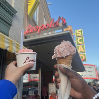 Leopold's Ice Cream - Left: strawberry lemonade sorbet in a cup - single scoop (seasonal) Right: cherry blossom with waffle cone - single scoop (seasonal) - Ice Cream & Frozen Yogurt Near Me - Savannah, Georgia