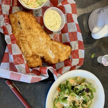 Partners Restaurant - Fish n chips with salad instead of fries - Breakfast & Brunch Near Me - Feeding Hills, Massachusetts Partners Restaurant - Fish n chips with salad instead of fries - Breakfast & Brunch Near Me - Feeding Hills, Massachusetts