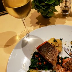 Restaurant Mirabell - My Salmon filet/Lachsfilet, spinach + glass of Grüner Veltliner. (10/1/2019) (sorry, I cannot speak proper German like my sister)