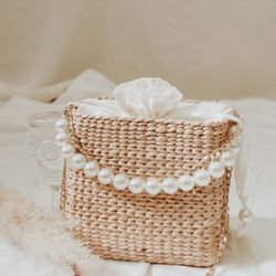 Élan Studio - Our best seller item- Square Strawbag with Gold Chain and Pearl Handle.