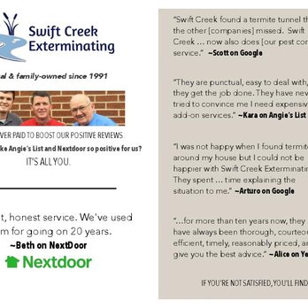 Swift Creek Exterminating - We've never paid to boost our positive reviews. We just come and do what you ask, to serve you well. - Pest Control Near Me - Raleigh, North Carolina Swift Creek Exterminating - We've never paid to boost our positive reviews. We just come and do what you ask, to serve you well. - Pest Control Near Me - Raleigh, North Carolina
