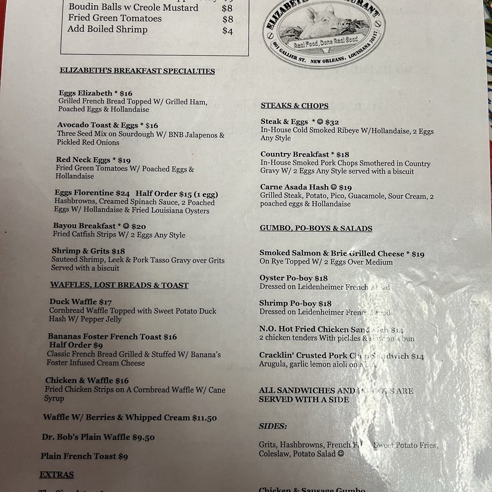 Elizabeth's Restaurant - Menu - Southern Near Me - New Orleans, Louisiana Elizabeth's Restaurant - Menu - Southern Near Me - New Orleans, Louisiana