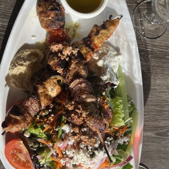 Hapy Bistro - Kabobs 2 ways and salad with dressing on the side - Mediterranean Near Me - Pismo Beach, California Hapy Bistro - Kabobs 2 ways and salad with dressing on the side - Mediterranean Near Me - Pismo Beach, California