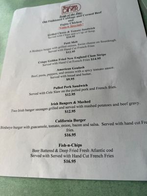 Menu photo 1 Birdseye Diner Castleton, VT