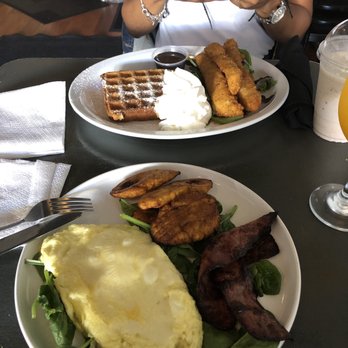 ZAZ - Eggs, turkey bacon and plantains Chicken and Waffle  Delicious!!! - New American Near Me - Hyde Park, Massachusetts