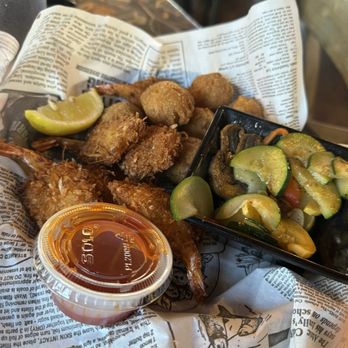 Anglers Lake & Steak - Coconut butterfly shrimp with grilled veggies and hush puppies. - Desserts Near Me - Eureka Springs, Arkansas