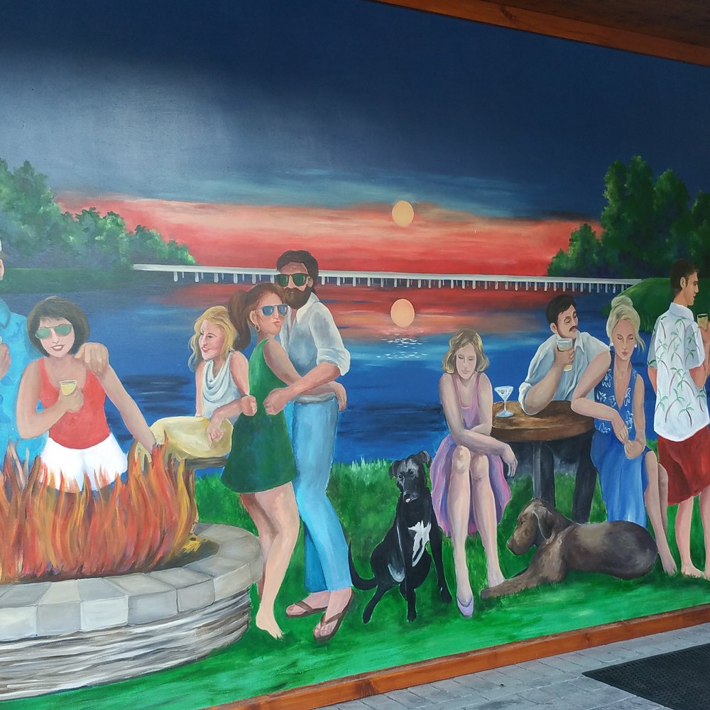 Copper Premium Pub - Neat wall mural with Buster Boyd Bridge scene in the "beer garden" while you wait - Pubs Near Me - Clover, South Carolina Copper Premium Pub - Neat wall mural with Buster Boyd Bridge scene in the "beer garden" while you wait - Pubs Near Me - Clover, South Carolina
