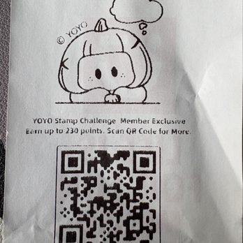Miniso - receipt with an illustration of YOYO and a QR code to track status of the stamp challenge - Toy Stores Near Me - New York, New York