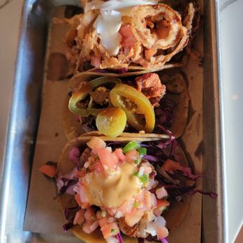 Ditch - Taco trio, happy hour menu: Jerk shrimp taco (bottom), beachfire chicken, carne asada. 4 inch tacos. 3 needed to fill you up. All very good - Mexican Near Me - Port Jefferson, New York