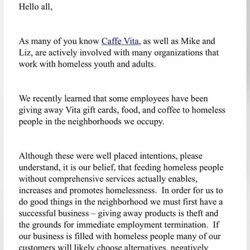 Caffe Vita - Caffe Vita employees gift old coffee to the homeless that was going to be trashed. Caffe Vita fires them.