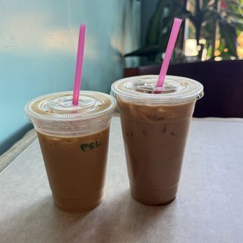 Bogart's Coffee House - Iced pumpkin spice latte (left) and iced lavender honey latte (right) - Coffee & Tea Near Me - Seal Beach, California