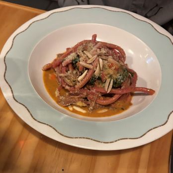 Beets and Carrots Farm-to Table - Duck ragu on beet bucatini - New American Near Me - Brooklyn, New York