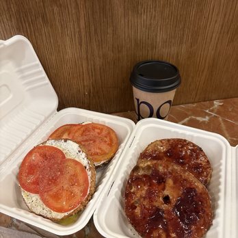 Apollo Bagels - Tomato bagel, butter and jam bagel, hot coffee - Bagels Near Me - New York, New York