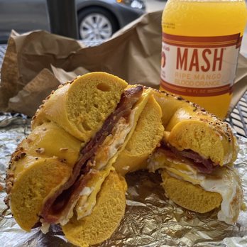 Bagels & Beans - Bacon egg and cheese on a egg everything bagel with salt pepper and ketchup - Breakfast & Brunch Near Me - Union, New Jersey
