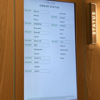 Starbucks - Example of their cool order status display board. Look for your name to see if your order is ready! - Coffee & Tea Near Me - Honolulu, Hawaii Starbucks - Example of their cool order status display board. Look for your name to see if your order is ready! - Coffee & Tea Near Me - Honolulu, Hawaii