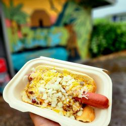 Beef chili cheese dog with onions