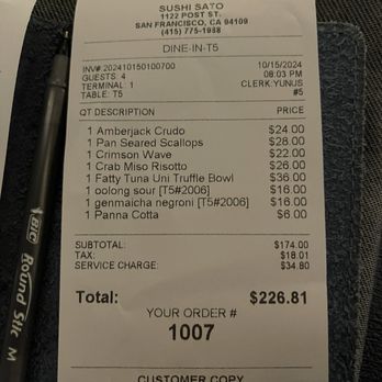 Sushi Sato - Receipt - Sushi Bars Near Me - San Francisco, California Sushi Sato - Receipt - Sushi Bars Near Me - San Francisco, California