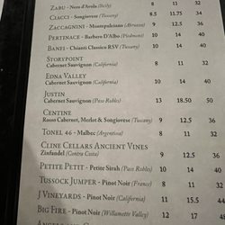Zias On The Hill - Wine menu.