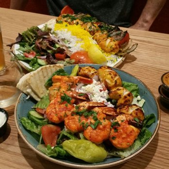 Bistro Kabob - Greek salad with Shrimp & Chicken Kabob add-on + plate with Shrimp & Filet Kabob - amazing flavor! - Persian/Iranian Near Me - Carlsbad, California Bistro Kabob - Greek salad with Shrimp & Chicken Kabob add-on + plate with Shrimp & Filet Kabob - amazing flavor! - Persian/Iranian Near Me - Carlsbad, California