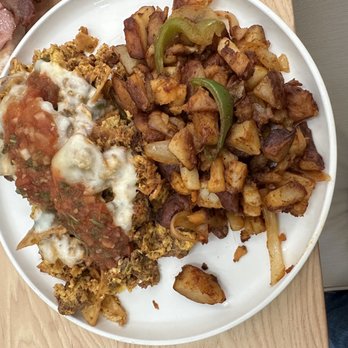 The Breeze Cafe - Chilaquiles with country potatoes - Breakfast & Brunch Near Me - Newark, California The Breeze Cafe - Chilaquiles with country potatoes - Breakfast & Brunch Near Me - Newark, California