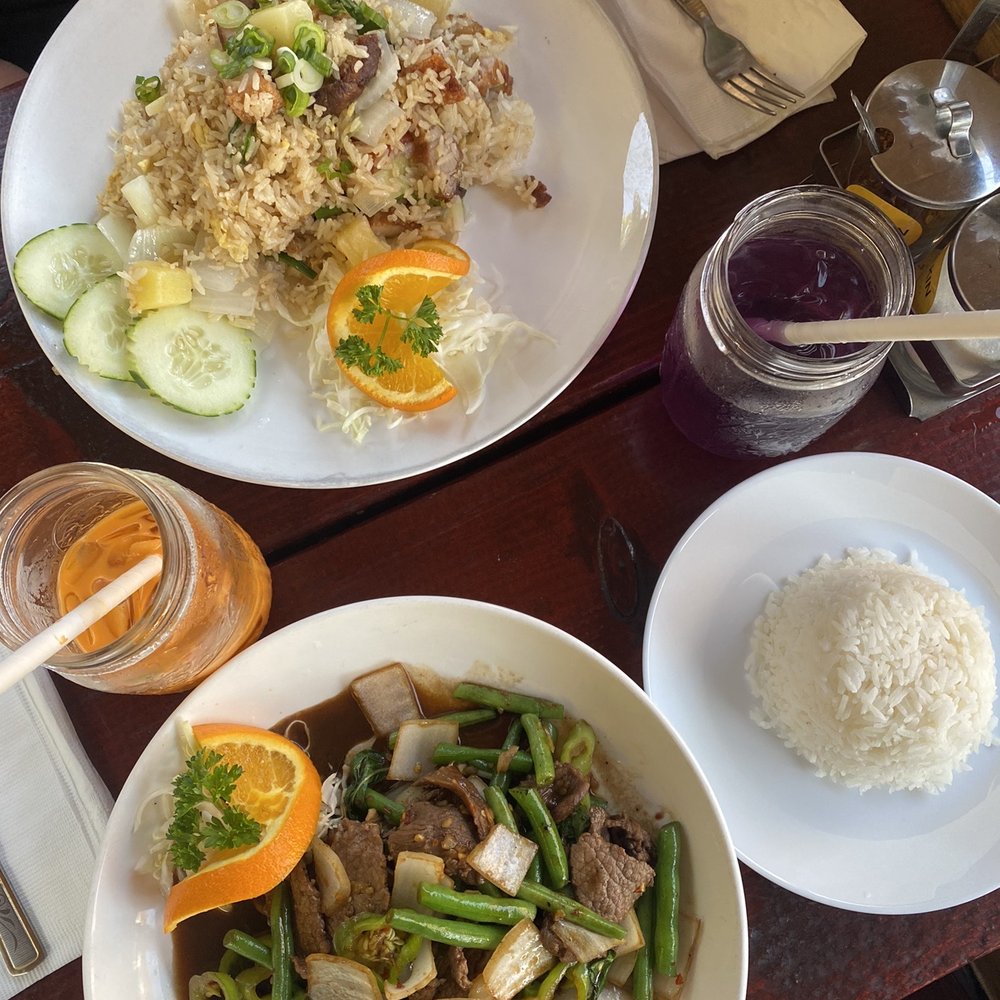 Ma Kin - Pineapple Fried Rice with crispy pork; Spicy Basil with beef (spice level 2) - Thai Near Me - Middle Village, New York Ma Kin - Pineapple Fried Rice with crispy pork; Spicy Basil with beef (spice level 2) - Thai Near Me - Middle Village, New York