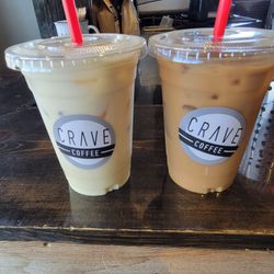 Crave Coffee - Coconut flavored energy drink and an Iced Vanilla Latte.
